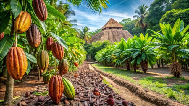 Ancient Mayan farm with cacao trees and other staple crops