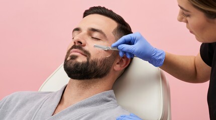 Fototapeta premium Professional dermaplaning treatment shaving facial skin of a bearded man at beauty clinic
