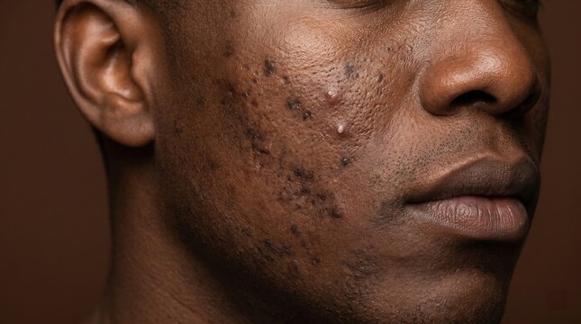 Close up side view of a Black man cheek showing acne scars hyperpigmentation and active pimples
