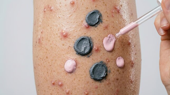 Close up of applying pink spot treatment cream and charcoal clay dots onto acne prone skin