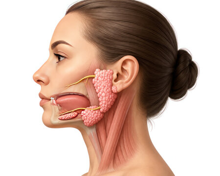 Salivary Glands Anatomy in Female Head Profile with Facial Nerves