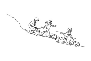 Obraz premium Three children playing with toy cars in a continuous line drawing style.