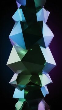 Rotating abstract geometric polygonal shapes with colorful neon lighting in seamless loop