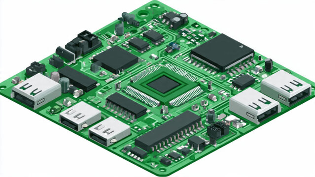Green Raspberry Pi circuit board with electronic components and USB ports for technology projects