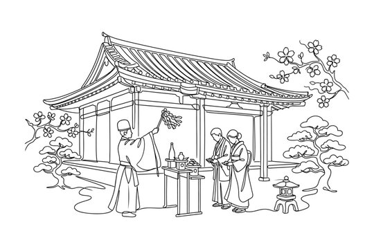A priest performing a traditional Shinto ritual for a couple at a shrine.