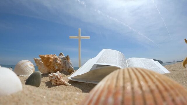 A church summer retreat, summer Bible school, and summer camp background featuring a Bible, a cross, seashells, and conch shells on a cool sandy beach.
