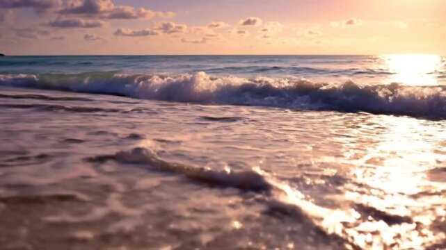Tranquil beach scene at sunset, with gentle waves lapping on the shore and golden sunlight shimmering on the sand