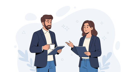 Obraz premium Two colleagues in business attire discussing ideas while holding tablets and a coffee mug, set against a soft, abstract background with decorative elements.