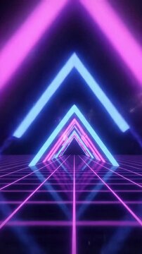Seamless loop of rhythmic pulsing neon triangle arrows moving through a dark retro space grid