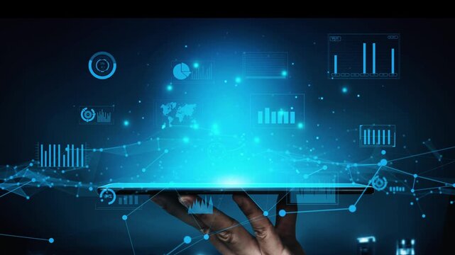 A hand holds a tablet showcasing a vibrant display of data visualizations and analytical graphs, highlighting the intersection of technology and information analysis. Xenic