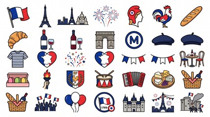 Fototapeta premium French icons, Paris symbols, France illustrations, vector graphics