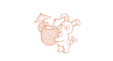 Obraz premium A cartoon dog holds a tropical drink with umbrella on vacation