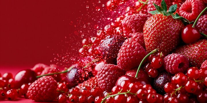 Fresh red strawberries, raspberries, and cherries exploding with water droplets against a deep red backdrop.