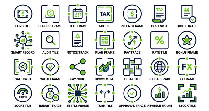 Stock Finance Tile Set with Icons for Tax, Refunds, Audit, Budgeting, and Growth Trends in Vector Style
