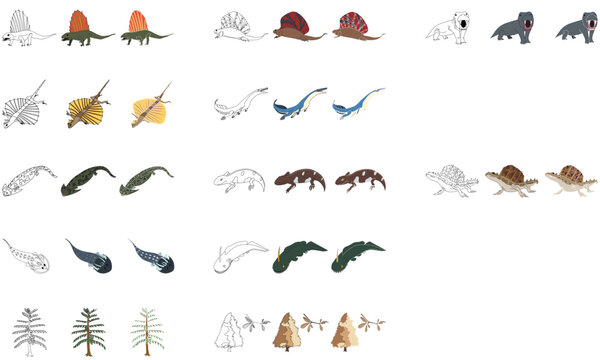 ペルム紀の生物のデフォルメイラストセット