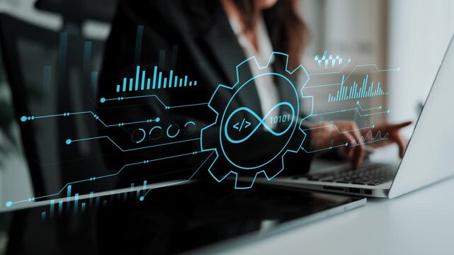 Female professional using digital tools to analyze data on a laptop with futuristic interface elements showcasing technology and innovation concepts. Entropy.