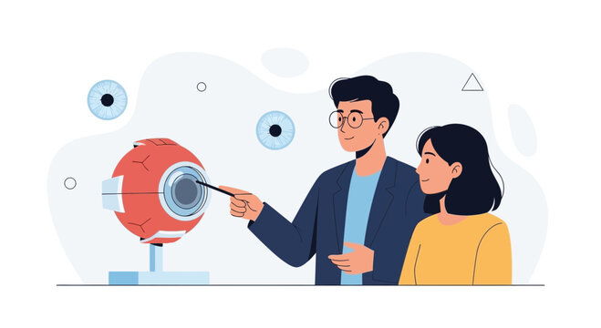 Ophthalmologist Explains Eyeball Anatomy Model to Patient, Vision Care Concept