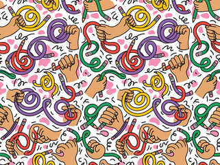 Naklejka premium Seamless Doodle Pattern of Creative Hands Holding Flexible Colorful Pencils for Education and Artistic Design Projects