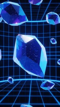 Shimmering blue crystals floating in a futuristic neon grid space with glowing light reflections