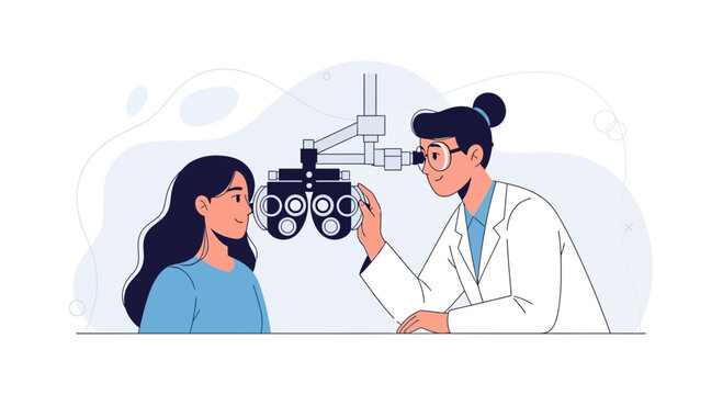 Optometrist performing eye exam with phoropter on patient, modern flat vector illustration