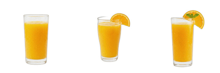 Orange Juice Glasses Set PNG Transparent Vector Isolated, Fresh Citrus Drink Beverage with Slice Clipart for Café Menu and Food Design, Realistic Healthy Organic Juice Elements, Breakfast Refreshment  © Badar