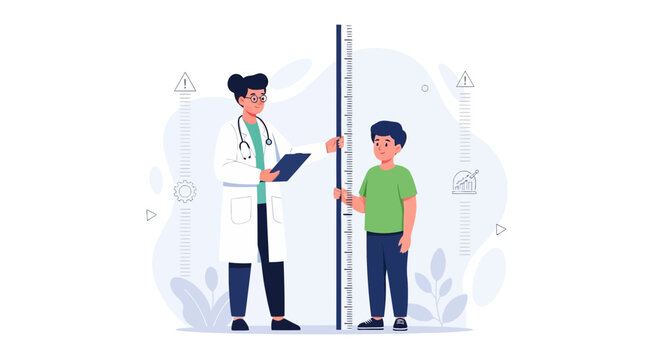 Pediatrician measures child's height using a stadiometer for growth monitoring in a modern flat illustration style.