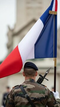 French soldier in camouflage uniform holding national flag during military ceremony, rear view of young male infantryman representing patriotism and national defense