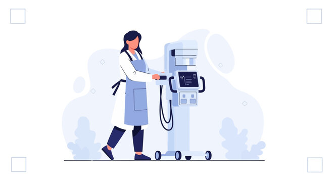 Radiologist operating mammography machine for breast cancer screening, medical examination, healthcare concept.