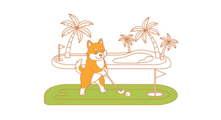 Naklejka premium A dog plays golf on a tropical island course with palm trees.