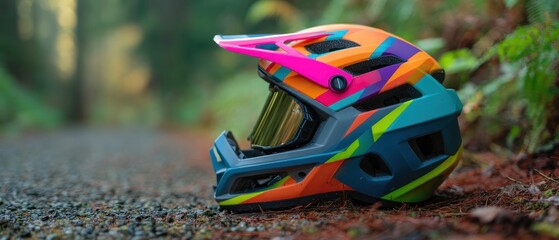 Fototapeta premium Colorful bicycle helmet on ground outdoors