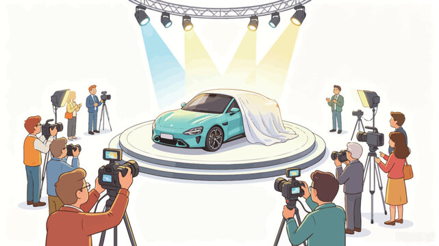 Vibrant illustration of a car unveiling event with spotlight on turquoise vehicle and surrounding