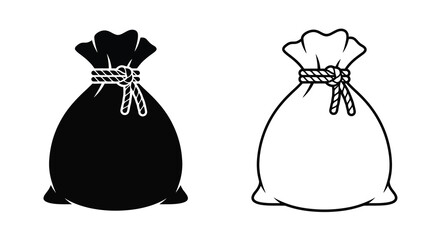 Two depictions of a tied sack with drawstring one solid and one outline on a white background silhouette © Vector shop