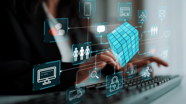 Woman Typing on Keyboard Surrounded by Digital Icons Representing Technology, Data, Communication, and Problem Solving. Entropy.