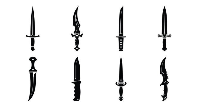 Collection Of Various Swords And Daggers In Black Silhouette sword blades weapons cutlass rapier scimitar dirk knife steel