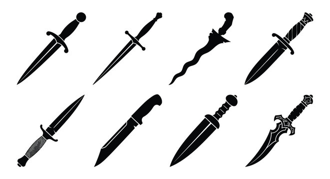 Collection Of Various Dagger And Sword Silhouettes In Black A Minimalist Design Silhouette swords blade weapon knives cutlass