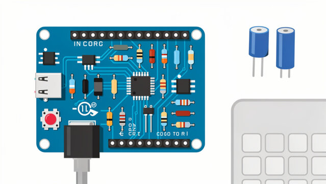 blue microcontroller board with electronic components and sensors for robotics and DIY projects