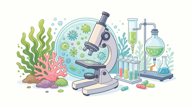 Vibrant Cartoon Lab Illustration Featuring a Microscope, Petri Dish with Germs, Seaweed, Coral, and