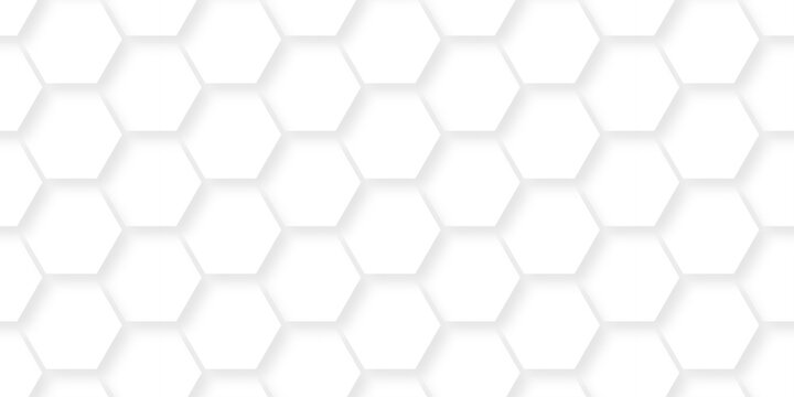 White hexagon bee cube element grid tiles emboss seamless pattern white paper texture futuristic business. vector honeycomb web banner texture background.
