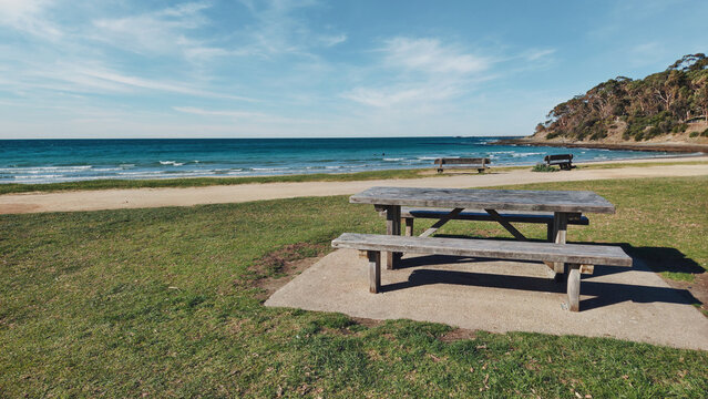 View from Lorne Vic, Mountjoy Parade a weathered picnic table overlooking calm ocean