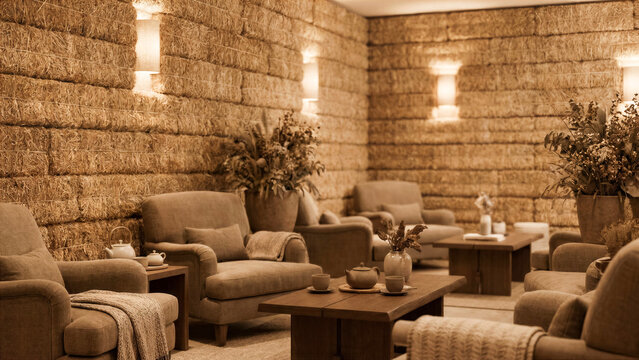 Wellness lounge with walls lined with compressed straw fiber horizontal linear texture sconce