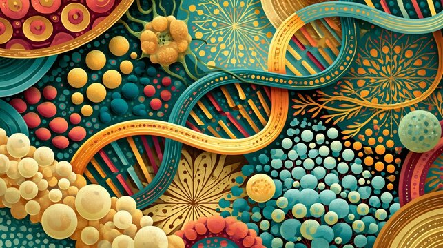 An artistic representation of ancient microbial life forms merging their genetic material, featuring colorful strands of DNA interwoven in a vibrant scene.
