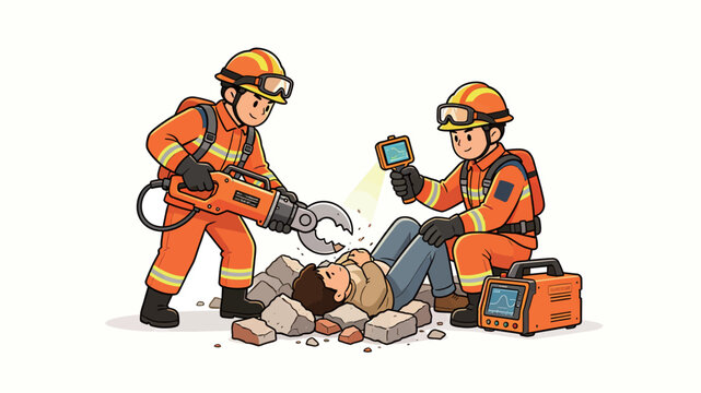 Illustration of emergency responders using hydraulic rescue tools to extricate an injured person