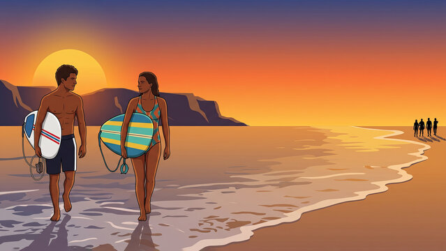 Two surfers carry their boards along a wet sandy shoreline at sunset. Warm orange light illuminates the ocean waves and distant mountains in this vibrant illustration.