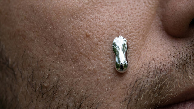 Macro photography of single large drop of heavy liquid mercury sliding down male cheekbone photo