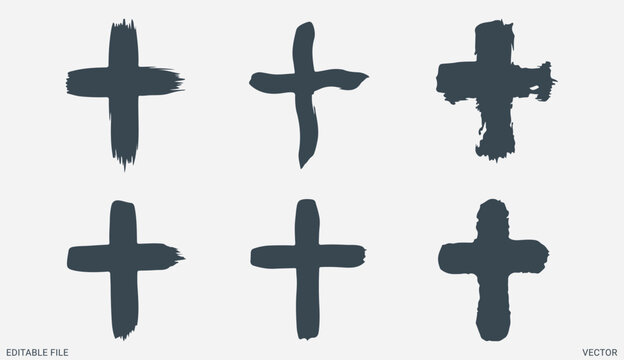 Christian cross symbols set with brush stroke effects for religious design and faith concepts