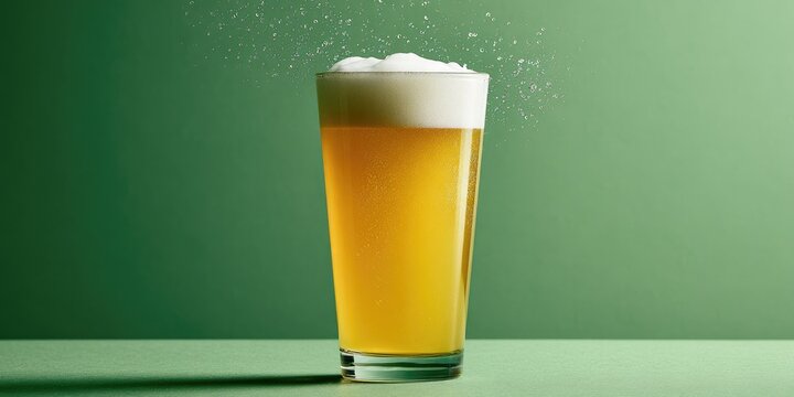 A tall glass of golden ale with frothy head and effervescence against green