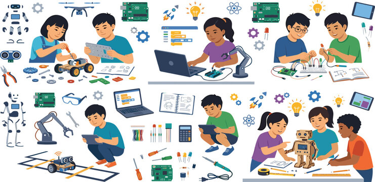 Children building robots and learning coding in stem robotics classroom vector illustration set