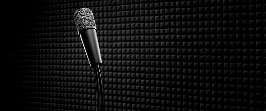 A single black microphone stands against a dark, textured background of acoustic foam