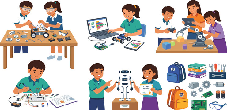Diverse children building robots programming laptops and studying stem robotics project vector illustration set