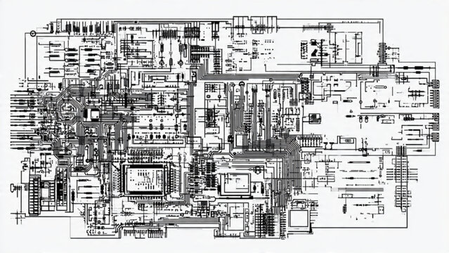 Detailed black and white technical blueprint of electronic circuit design and architecture schematic